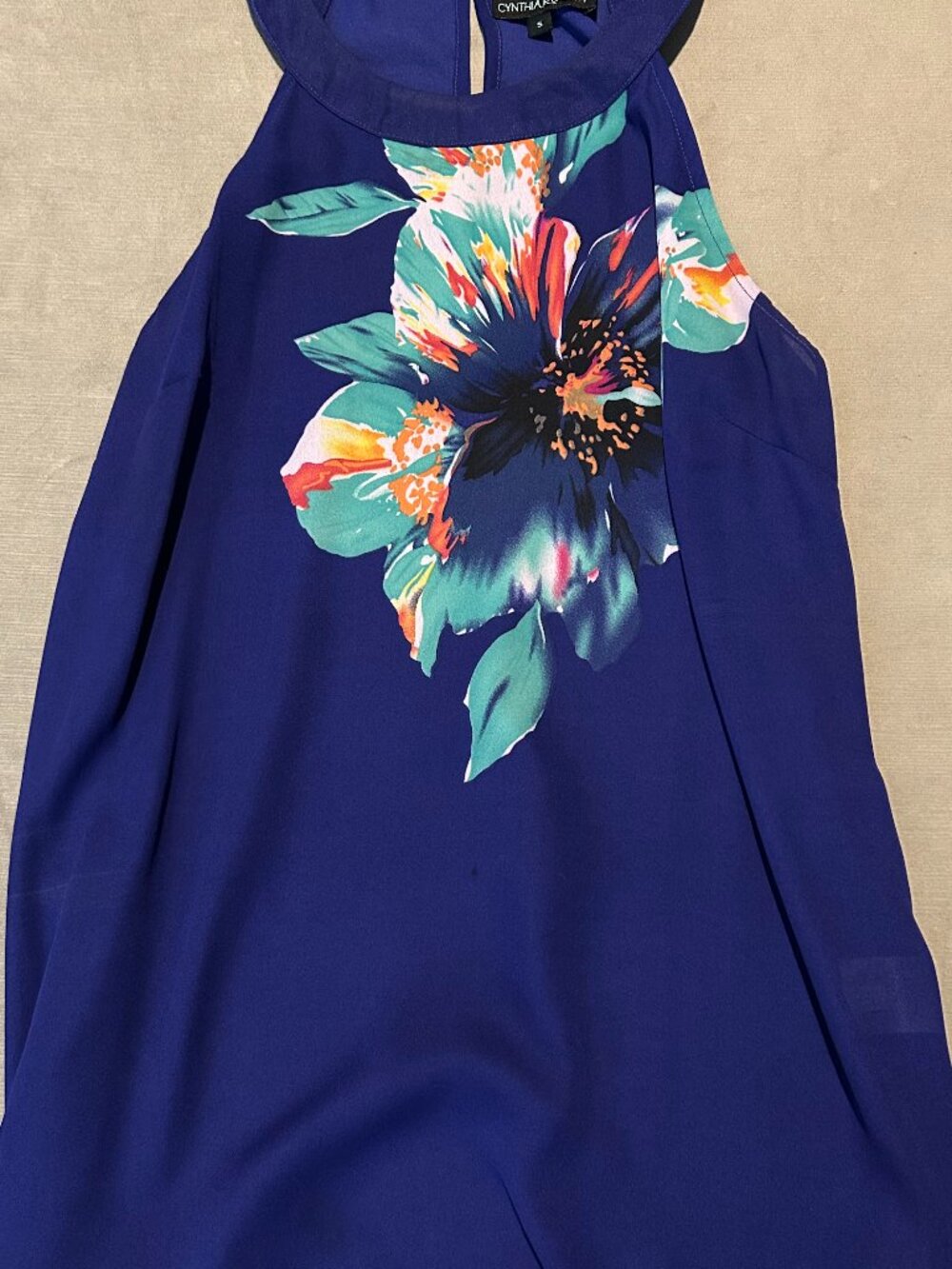 CYNTHIA ROWLEY Blue Tropical Floral Keyhole High Neck Halter Top Size S